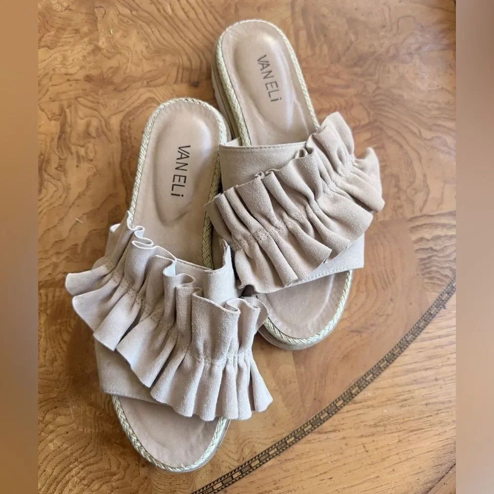 Vaneli Tan Espadrille Ruffle Slides